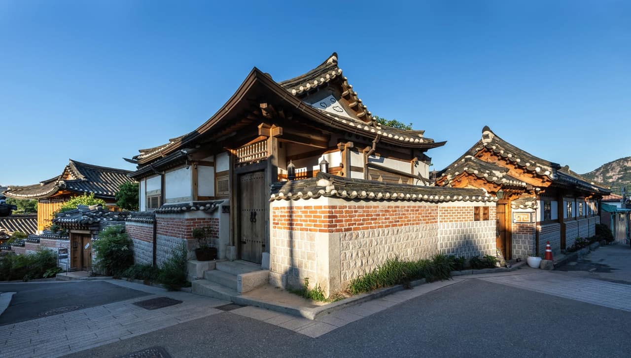 Hanok houses at golden hour in Bukchon