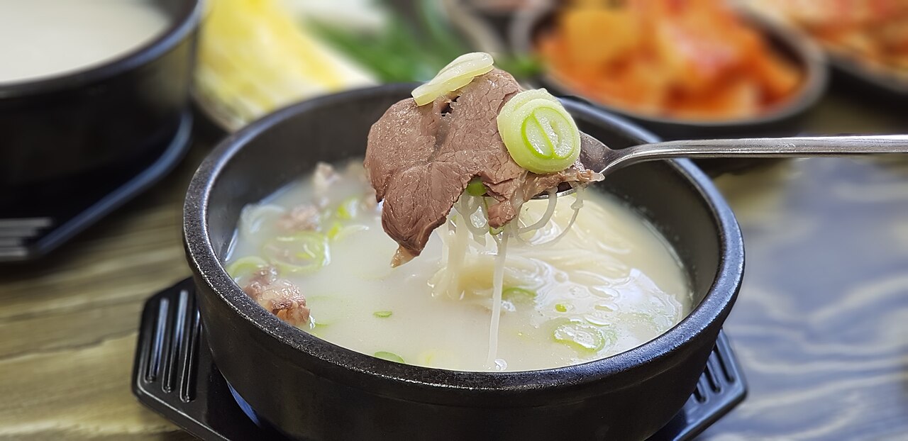 Seolleongtang, a milky beef bone soup, with a spoon holding a slice of beef