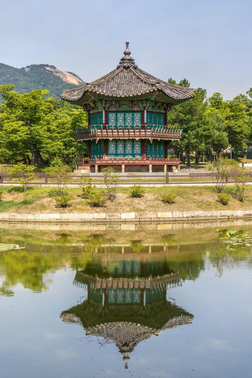 Hyangwonjeong Pavilion reflected in the pond at Gyeongbokgung Palace